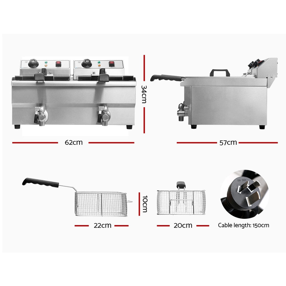 Devanti Commercial Electric Deep Fryer Twin Frying Basket Chip Cooker Countertop Silver