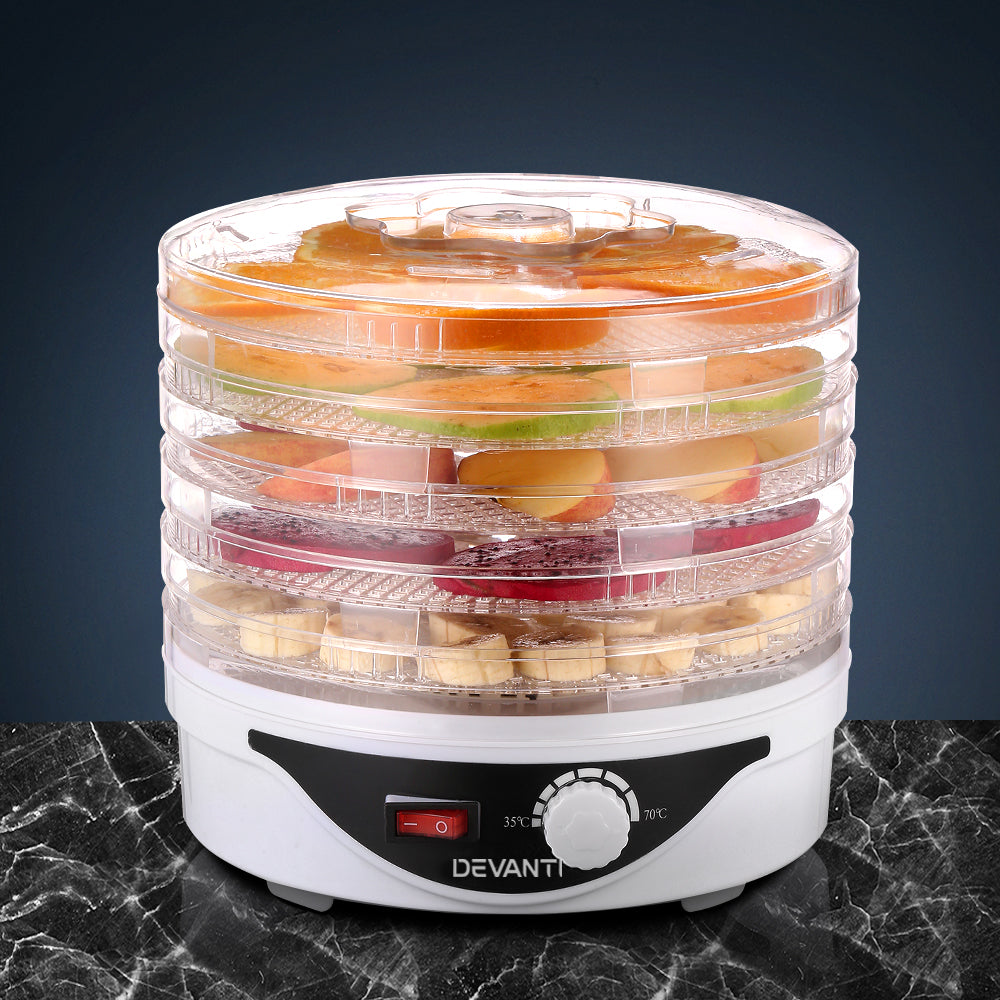 Devanti 5 Trays Food Dehydrator Fruit Dehydrators Pet Beef Jerky Dryer White - Devanti
