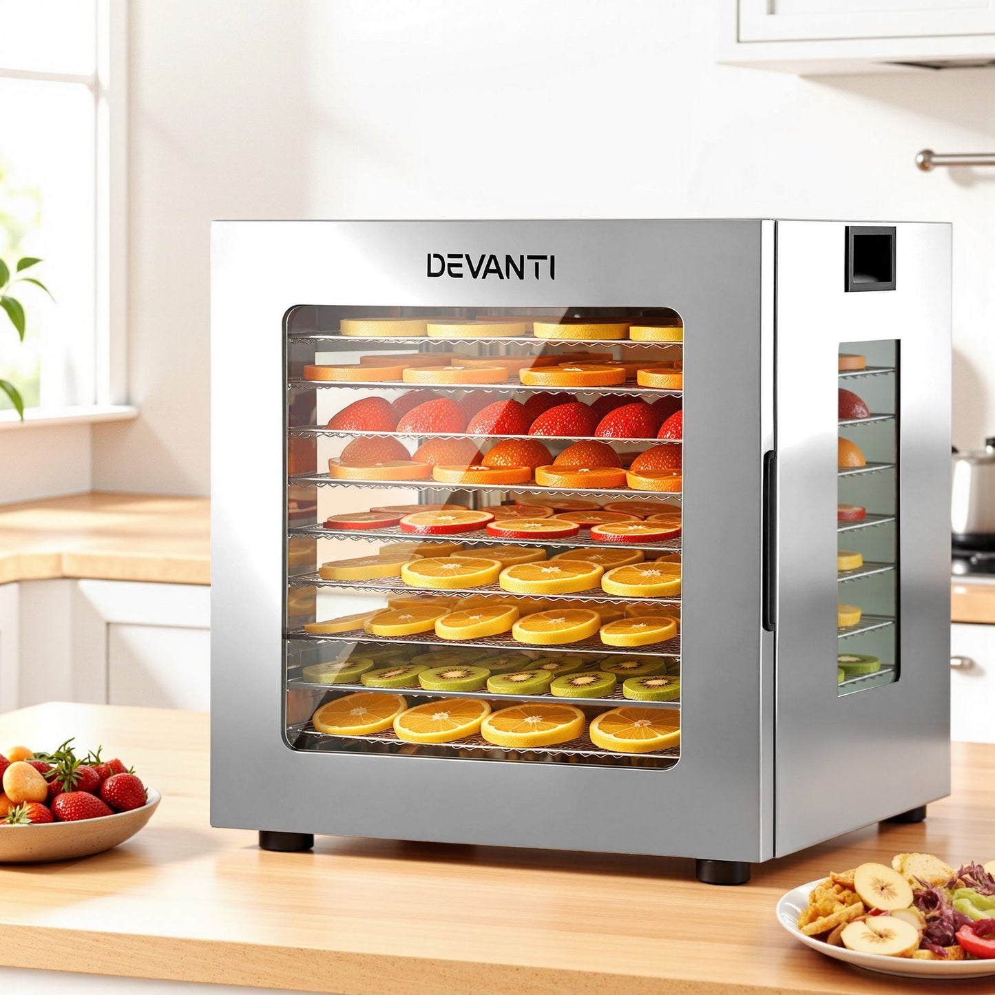 Devanti 10 Trays Food Dehydrator Stainless Steel Visible Glass Door 850W - Devanti