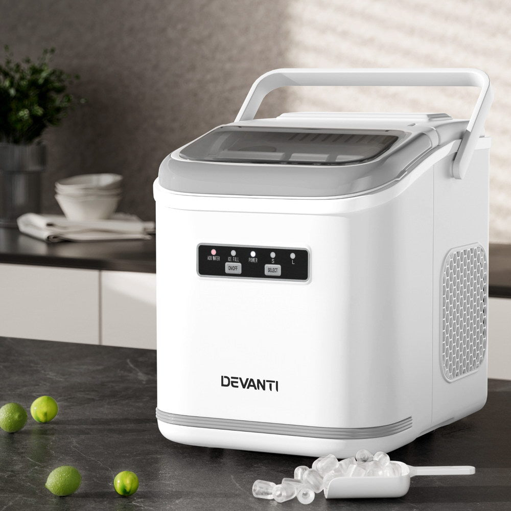 Devanti Ice Maker Machine Portable 12kg Countertop w/Self Cleaning 1.3L White - Devanti