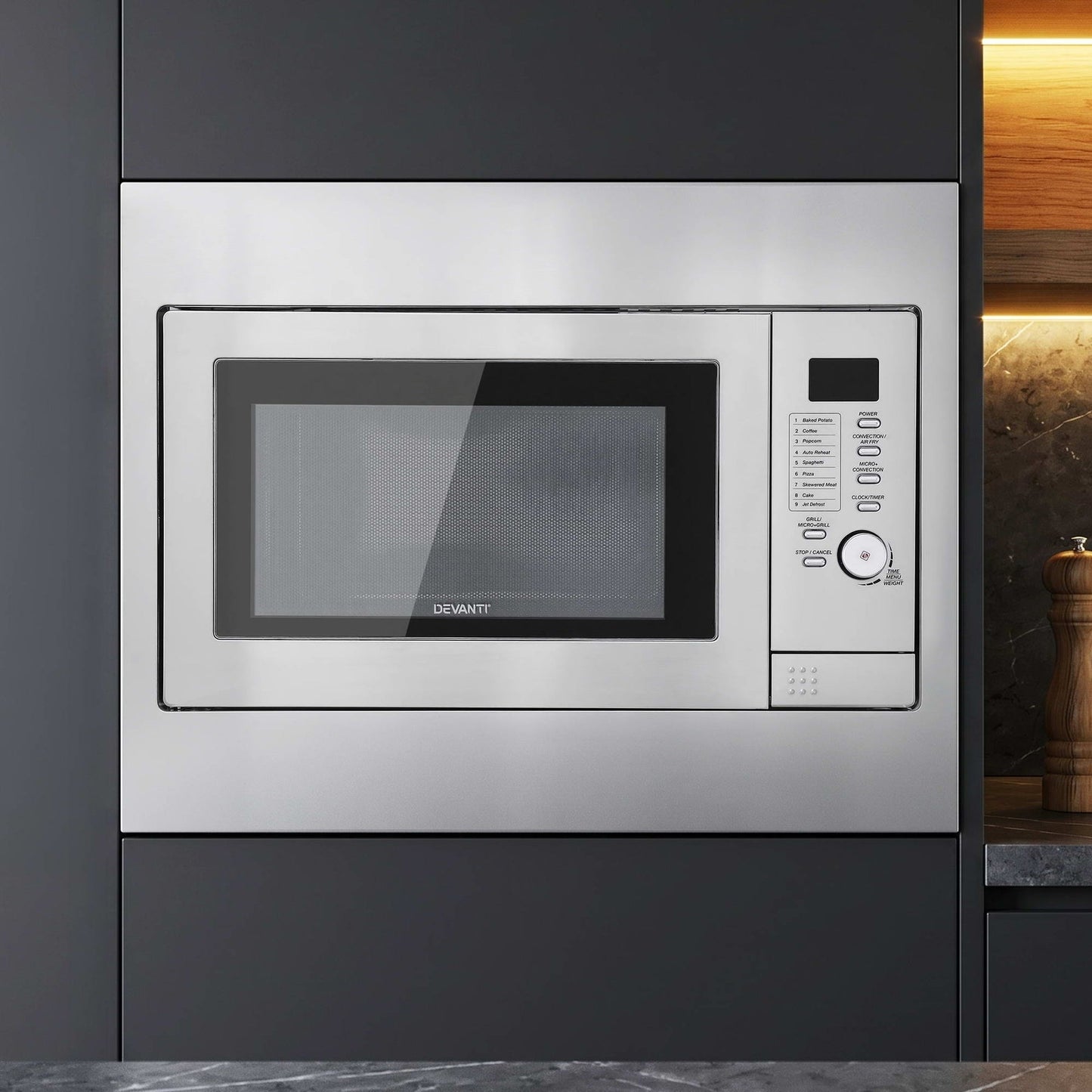 Devanti Built In Microwave Oven 30L Grill Air Fry Convection Silver