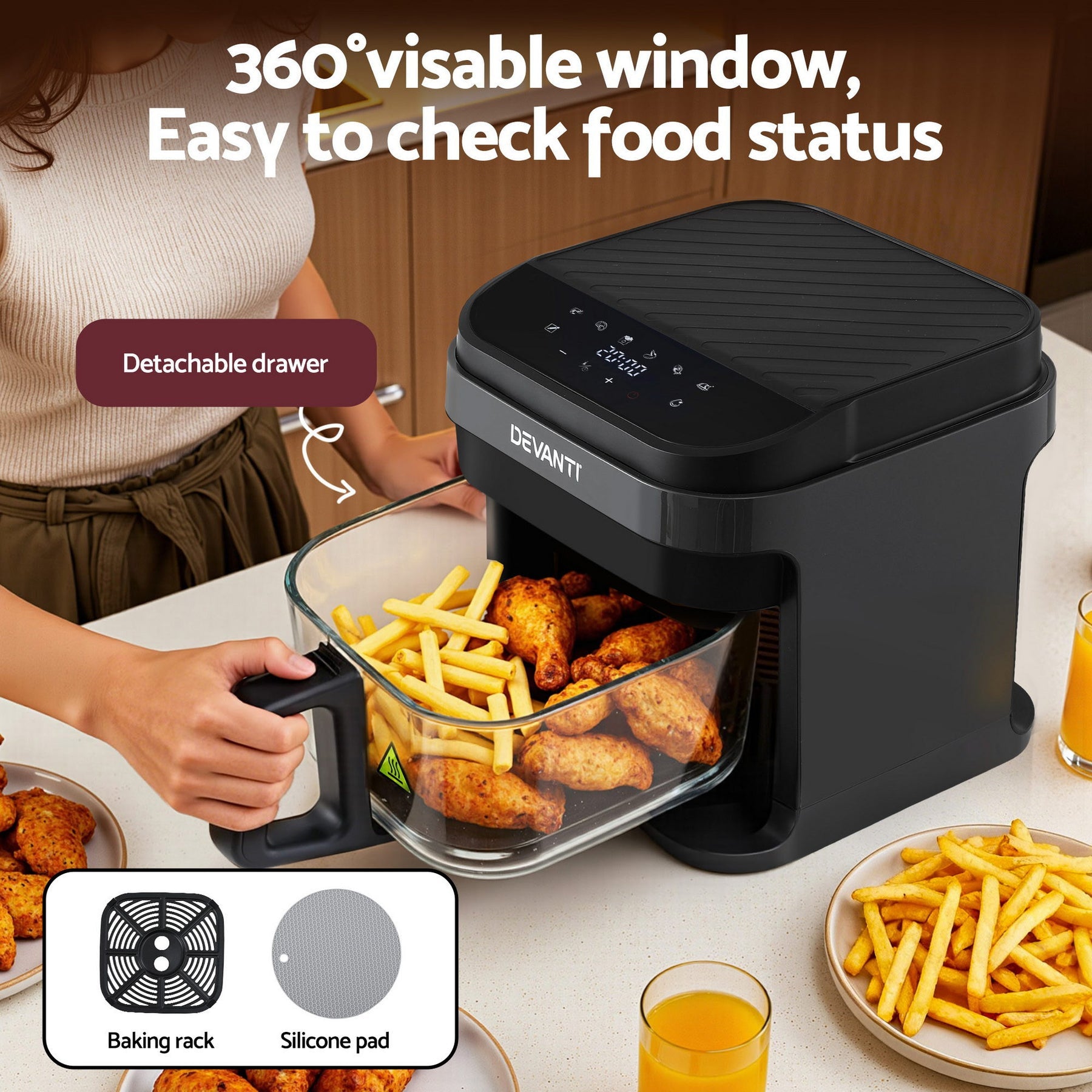 Devanti Air Fryer 5.5L Touch Control Electric Cooker 1200W Black - Devanti