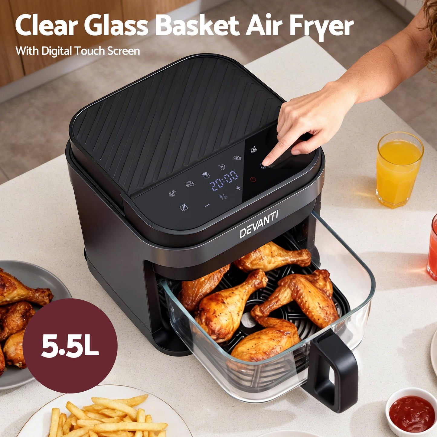 Devanti Air Fryer 5.5L Touch Control Electric Cooker 1200W Black - Devanti