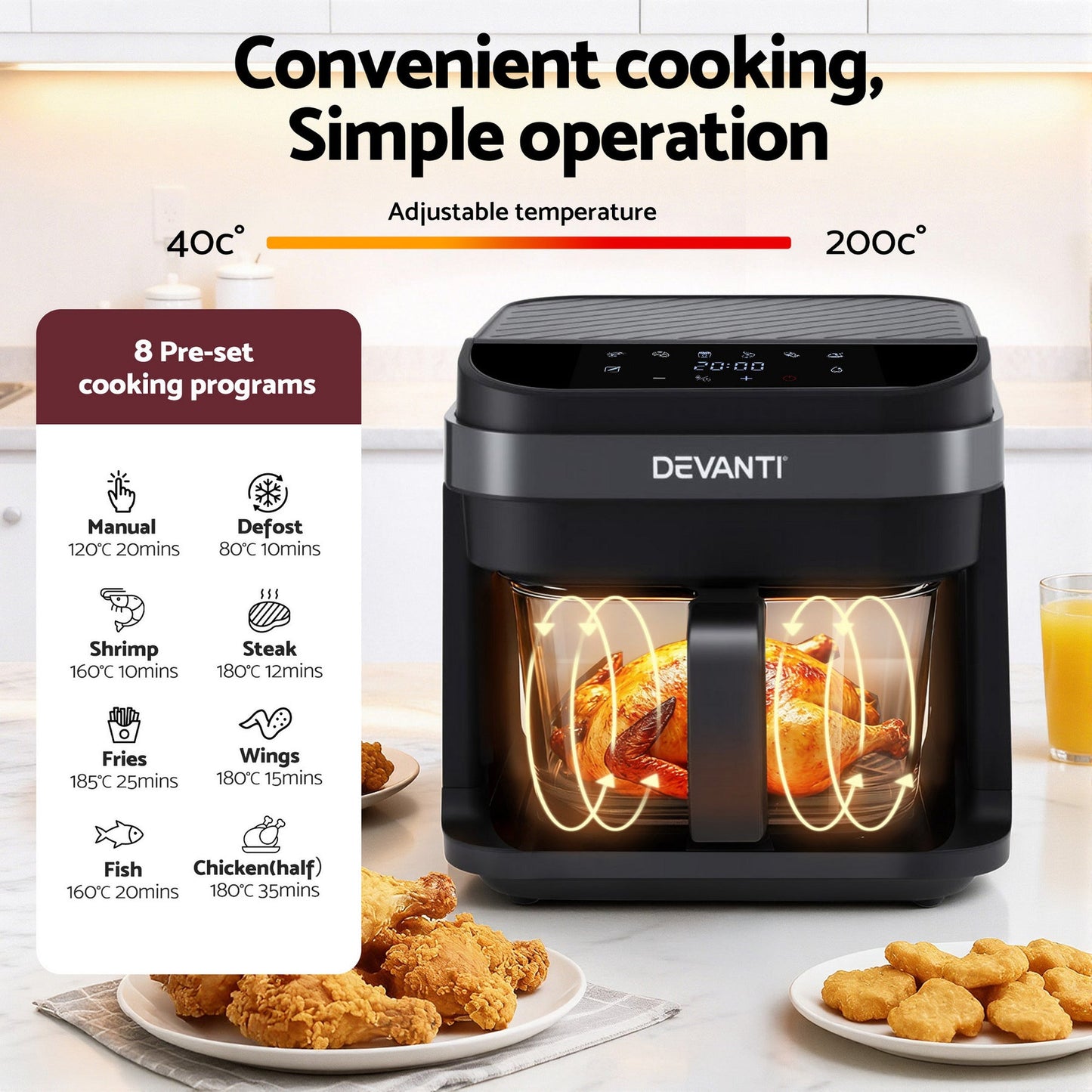 Devanti Air Fryer 5.5L Touch Control Electric Cooker 1200W Black - Devanti