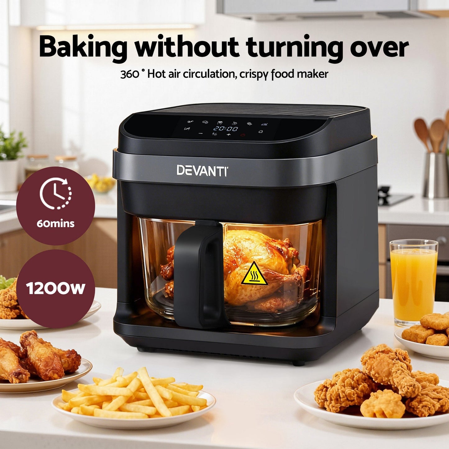 Devanti Air Fryer 5.5L Touch Control Electric Cooker 1200W Black - Devanti