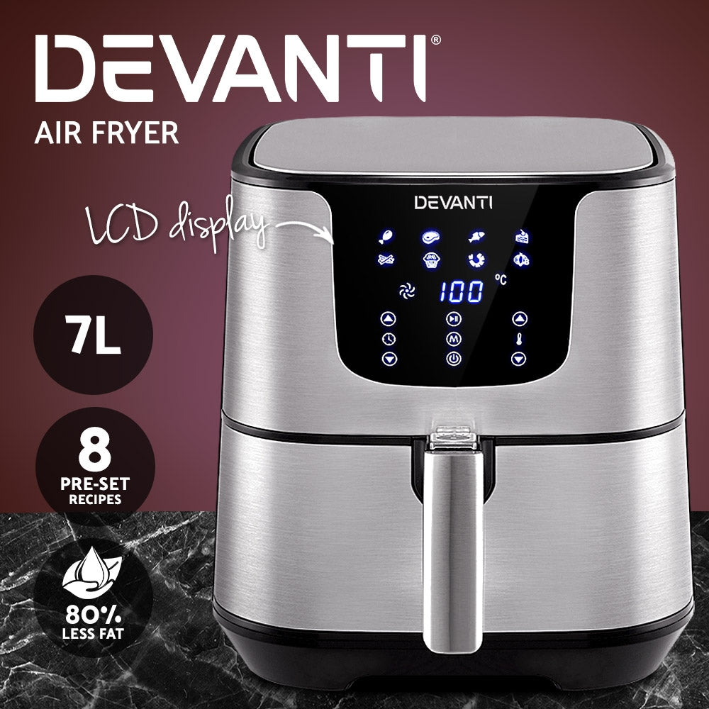 Devanti Air Fryer 7L LCD Fryers Oil Free Oven Airfryer Kitchen Healthy Cooker - Silver