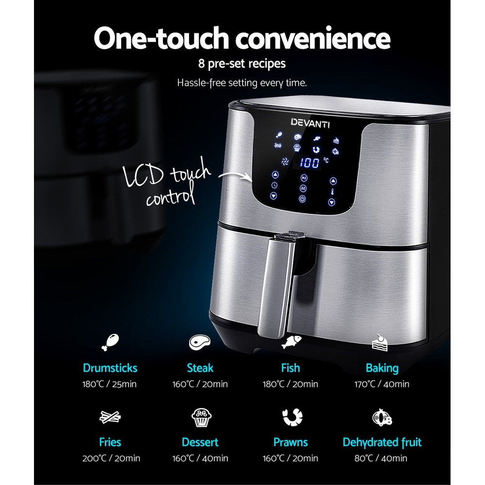 Devanti Air Fryer 7L LCD Fryers Oil Free Oven Airfryer Kitchen Healthy Cooker - Silver