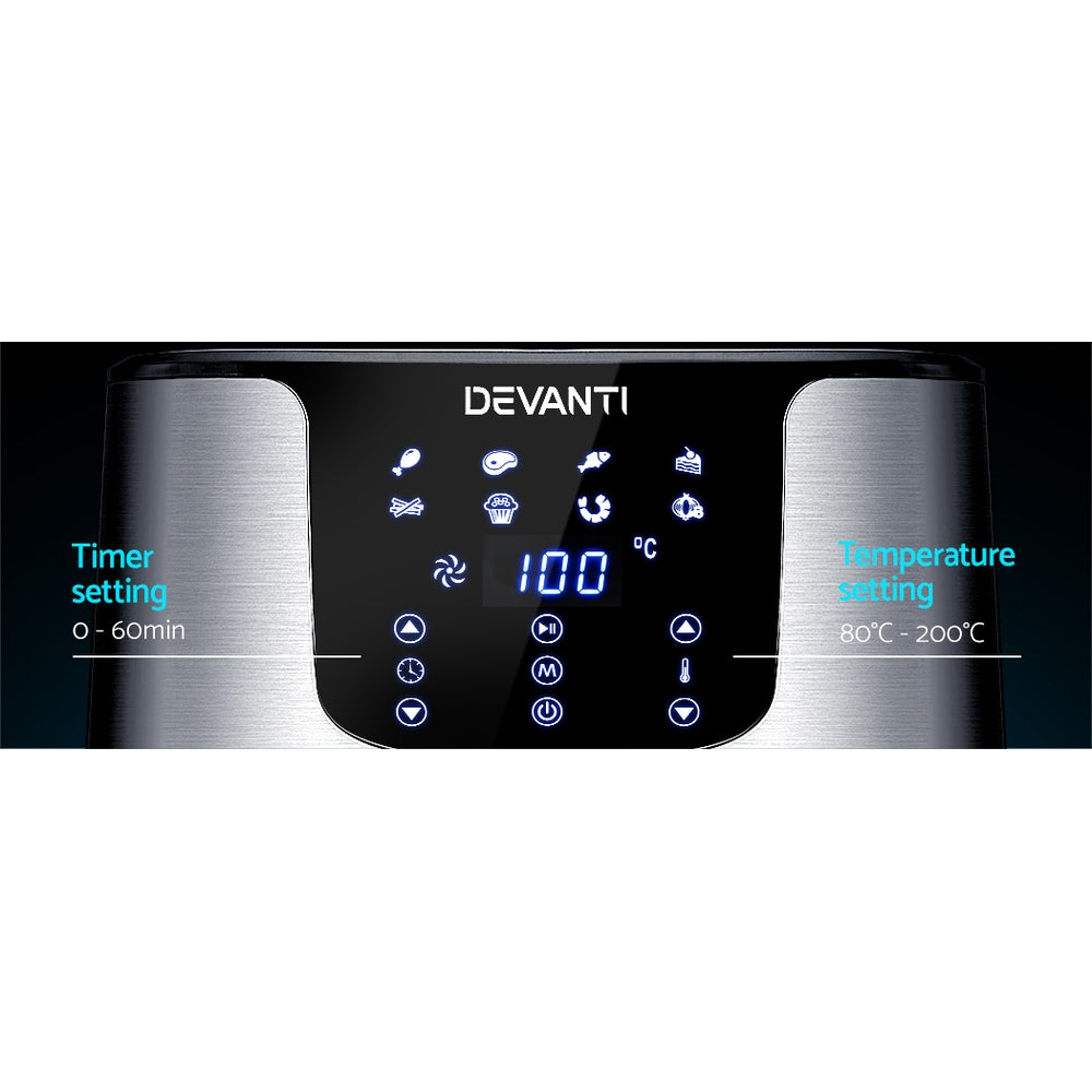 Devanti Air Fryer 7L LCD Fryers Oil Free Oven Airfryer Kitchen Healthy Cooker - Silver