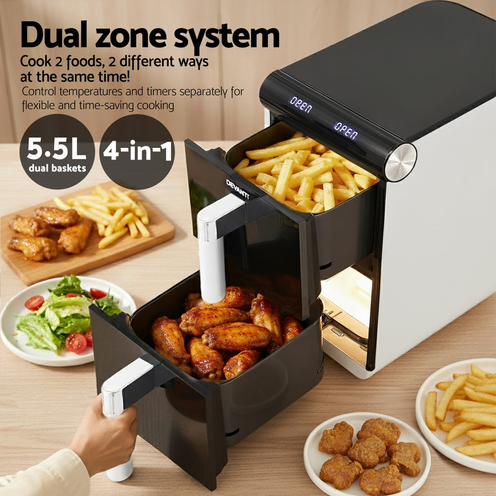 Devanti Air Fryer Oven 11L Dual Zone Fryers White - Devanti