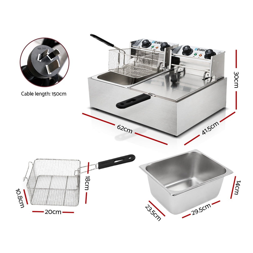 Devanti Commercial Electric Twin Deep Fryer Silver