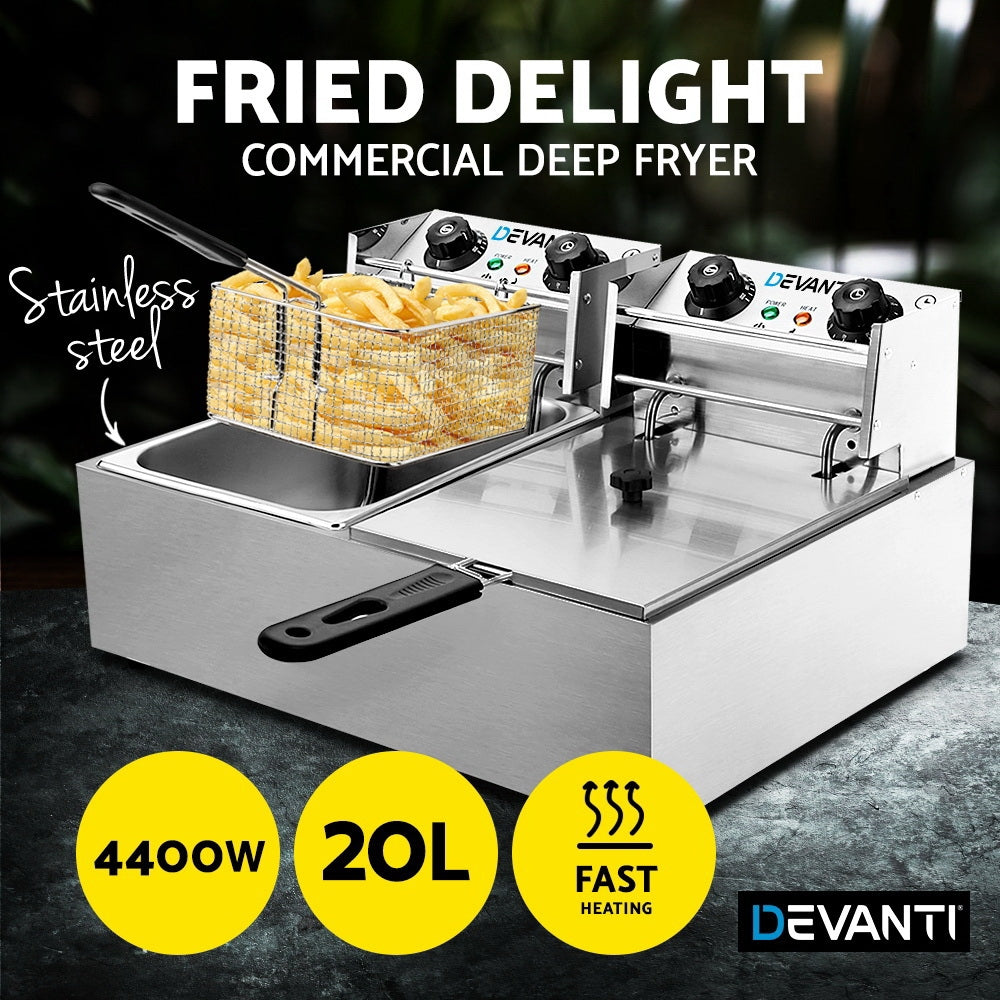 Devanti Commercial Electric Twin Deep Fryer Silver