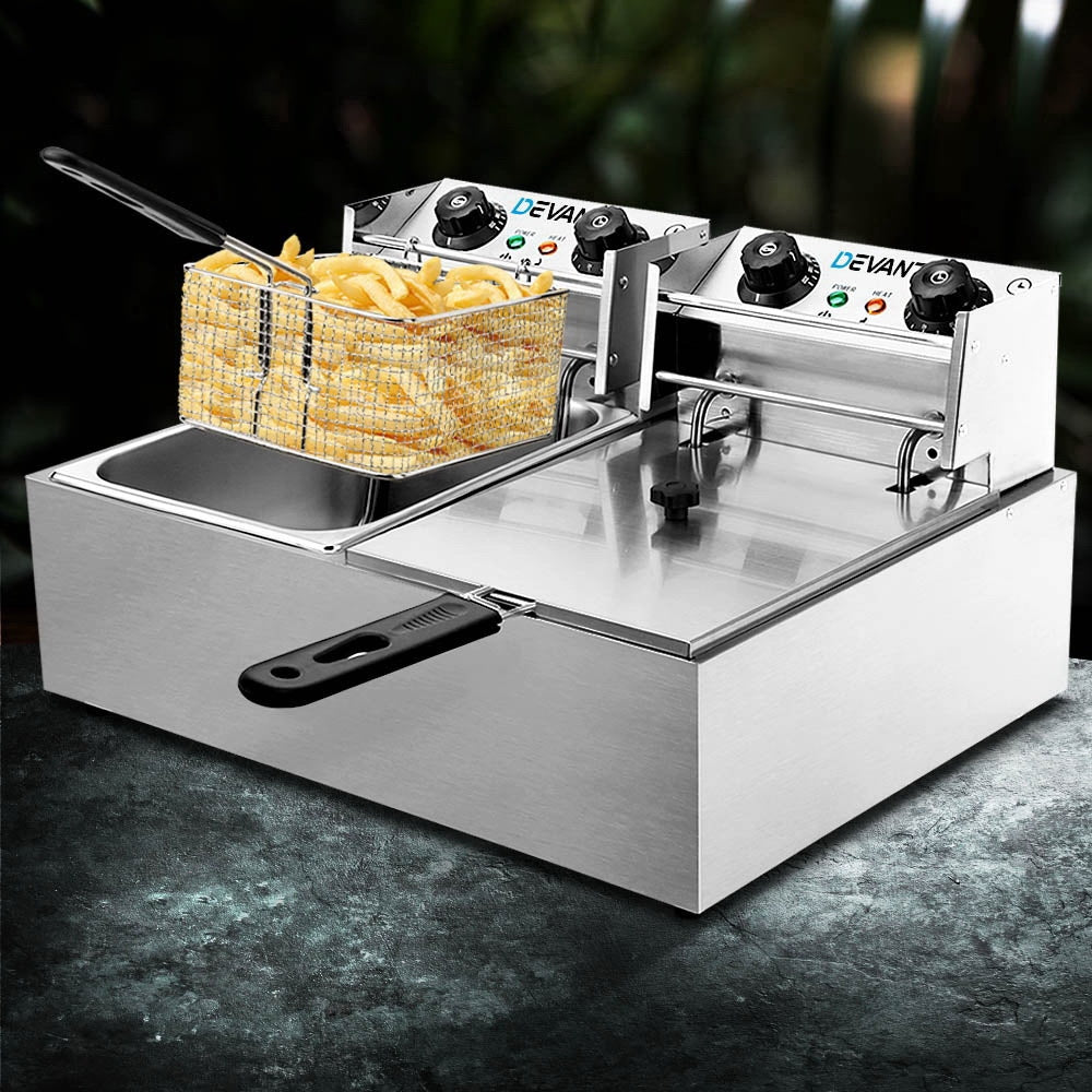 Devanti Commercial Electric Twin Deep Fryer Silver