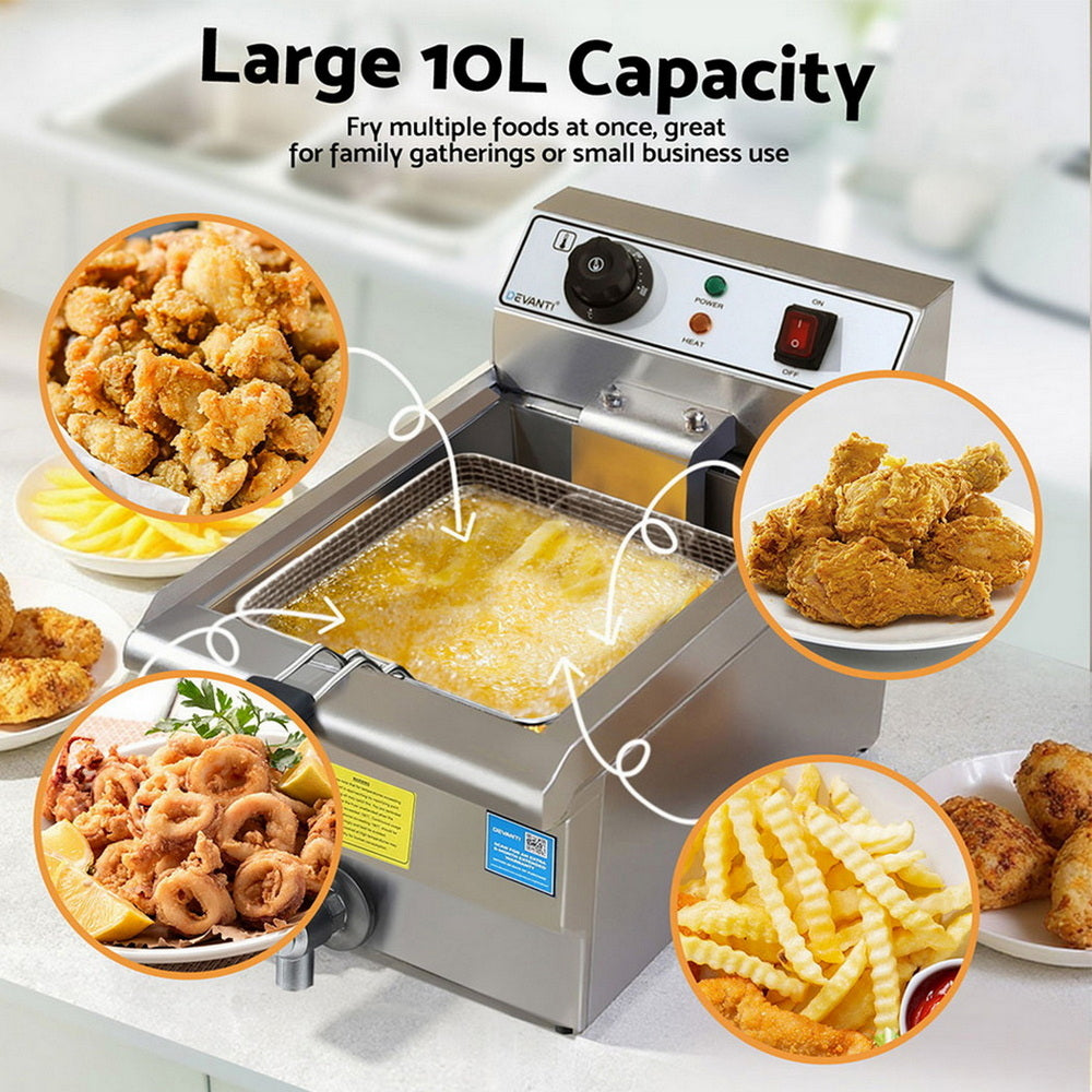 Devanti 3000W Electric Deep Fryer 10L Stainless Steel Fryer w/ Basket & Lid - Devanti