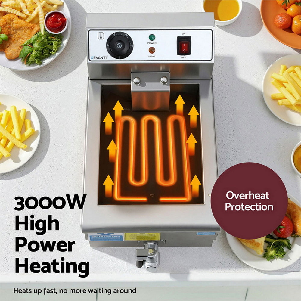 Devanti 3000W Electric Deep Fryer 10L Stainless Steel Fryer w/ Basket & Lid - Devanti