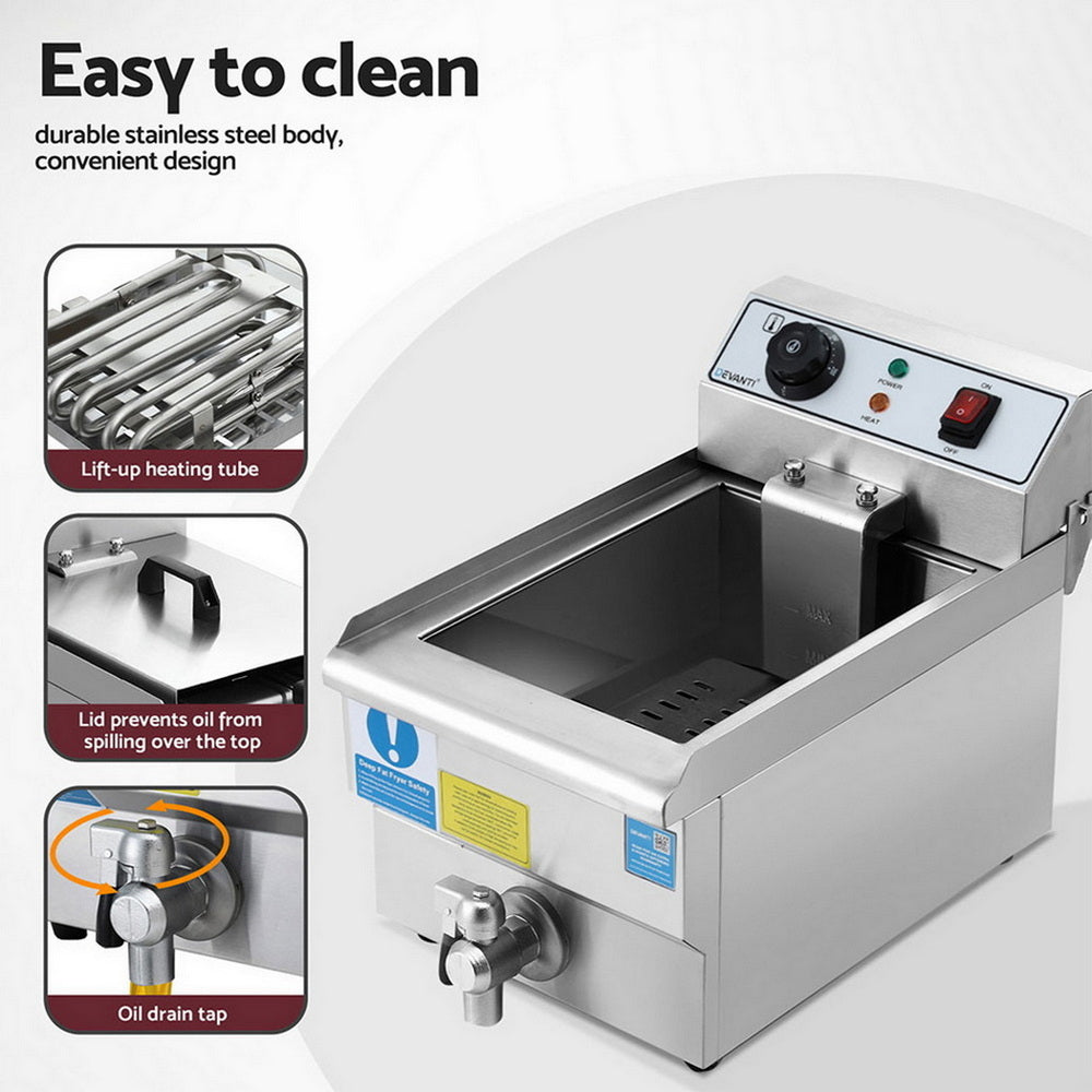 Devanti 3000W Electric Deep Fryer 10L Stainless Steel Fryer w/ Basket & Lid - Devanti