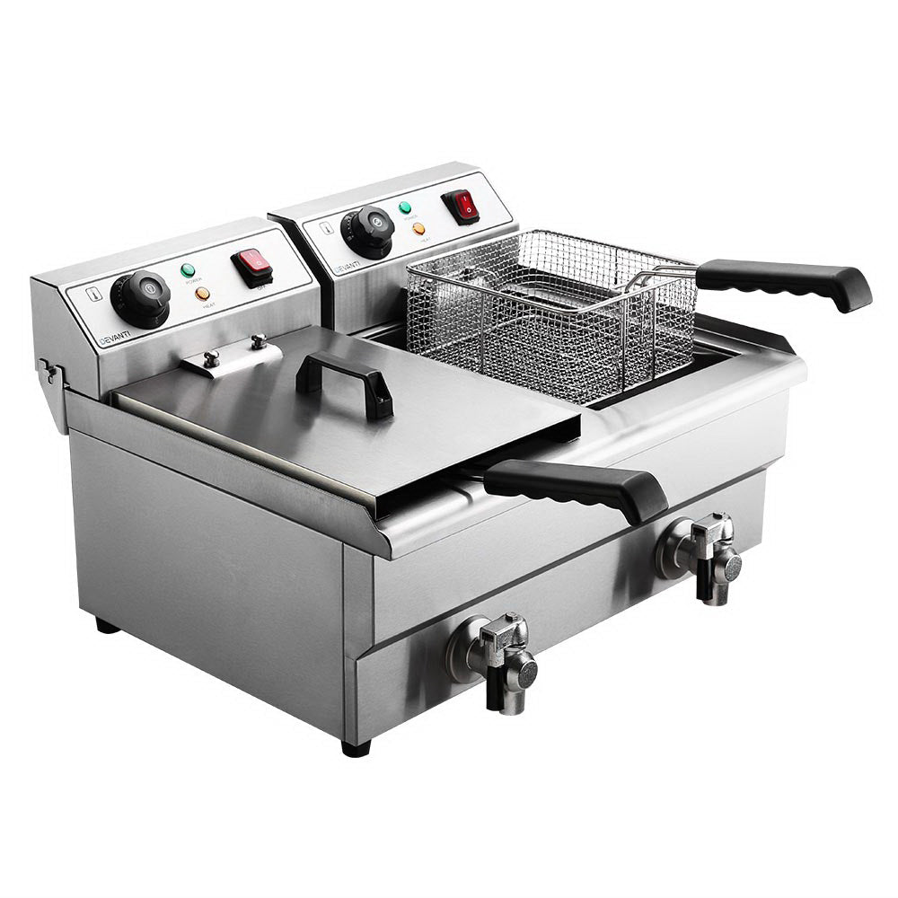 Devanti Commercial Electric Deep Fryer Twin Frying Basket Chip Cooker Countertop Silver