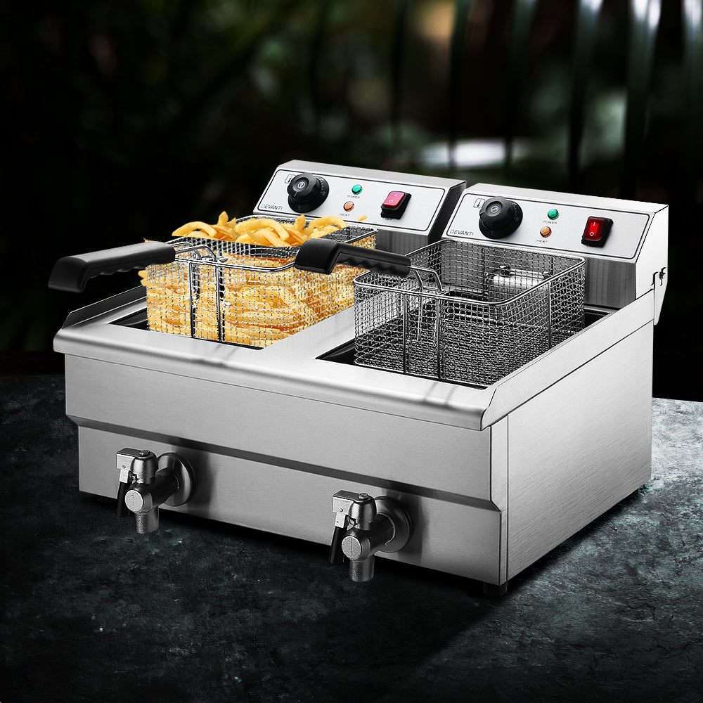 Devanti Commercial Electric Deep Fryer Twin Frying Basket Chip Cooker Countertop Silver