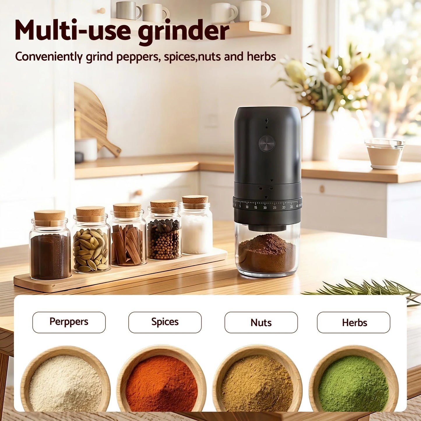 Portable USB-C Electric Coffee Grinder – 40 Settings