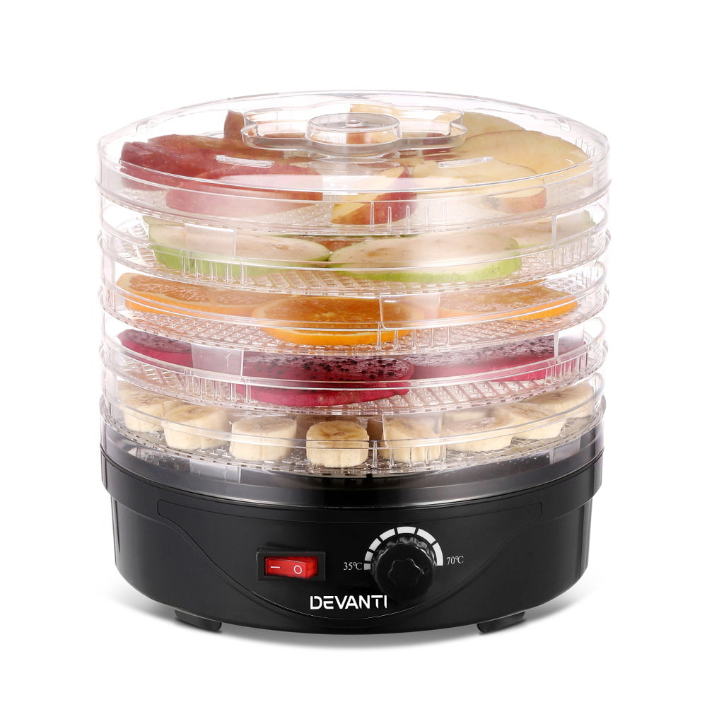 Devanti 5 Trays Food Dehydrator Fruit Dehydrators Pet Beef Jerky Dryer Black - Devanti