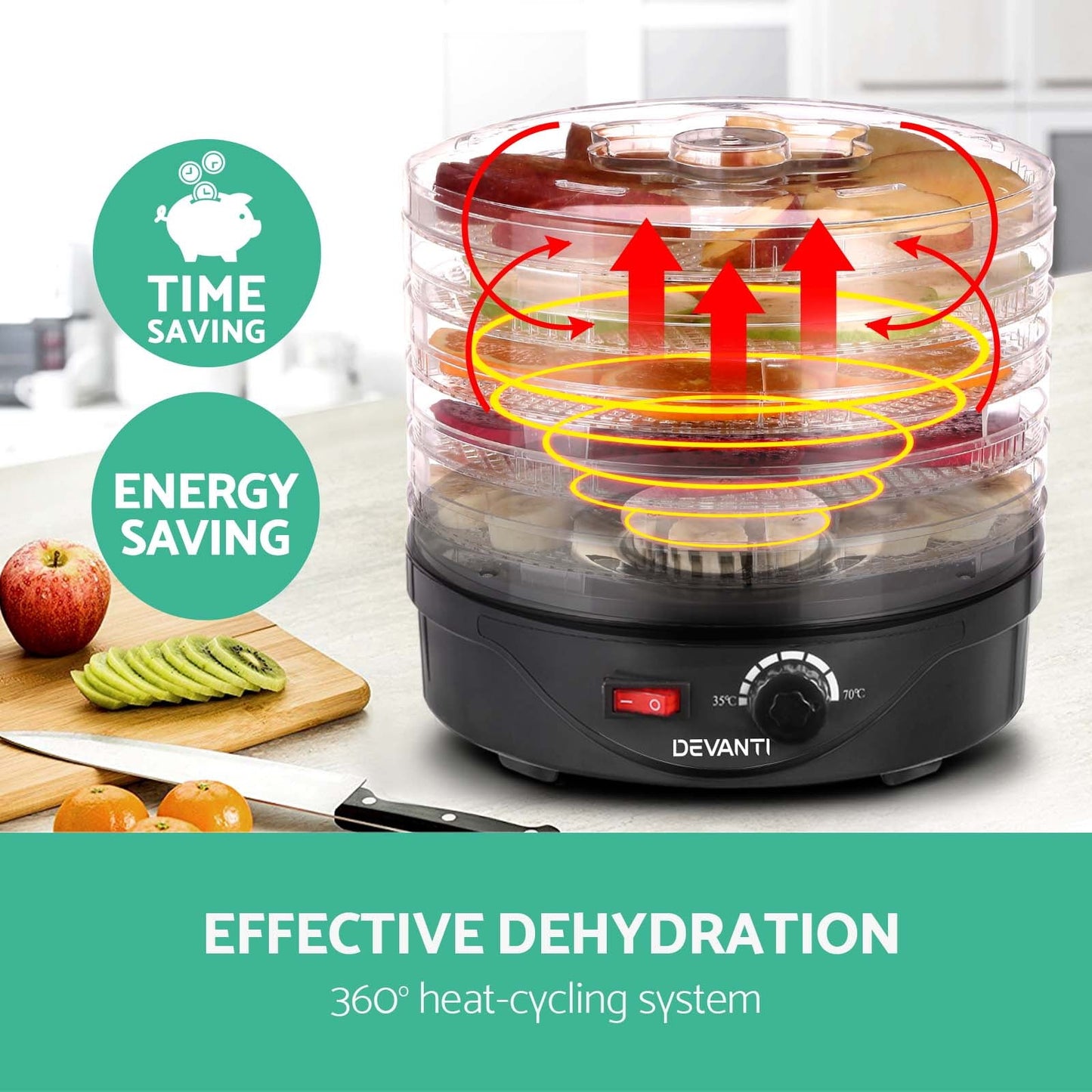 Devanti 5 Trays Food Dehydrator Fruit Dehydrators Pet Beef Jerky Dryer Black - Devanti
