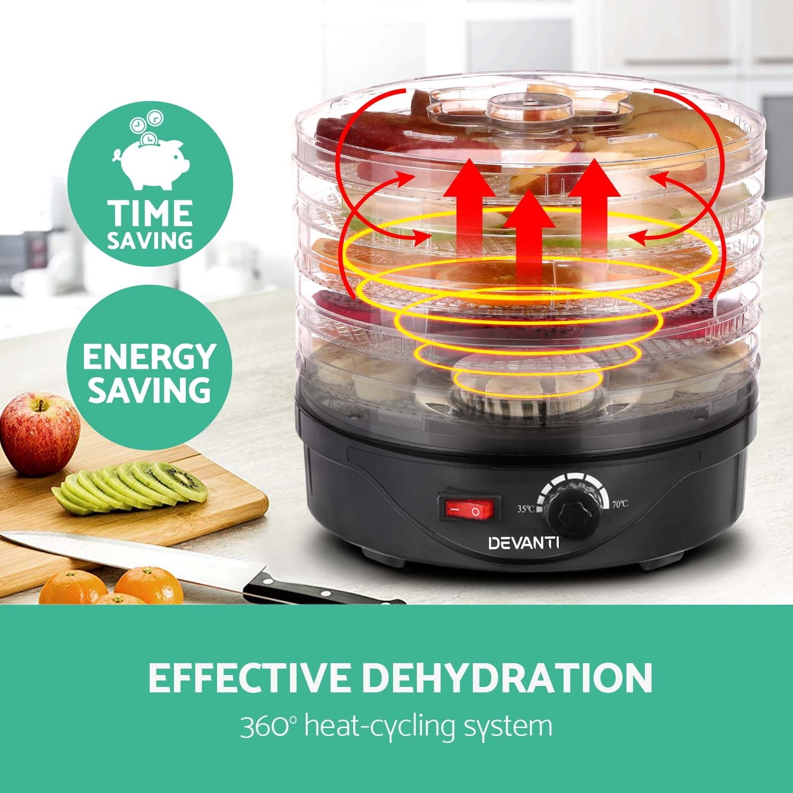 Devanti 5 Trays Food Dehydrator Fruit Dehydrators Pet Beef Jerky Dryer Black - Devanti