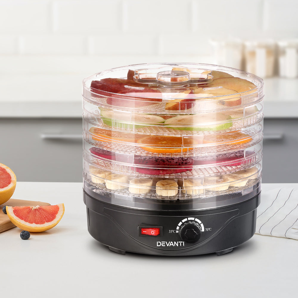 Devanti 5 Trays Food Dehydrator Fruit Dehydrators Pet Beef Jerky Dryer Black - Devanti