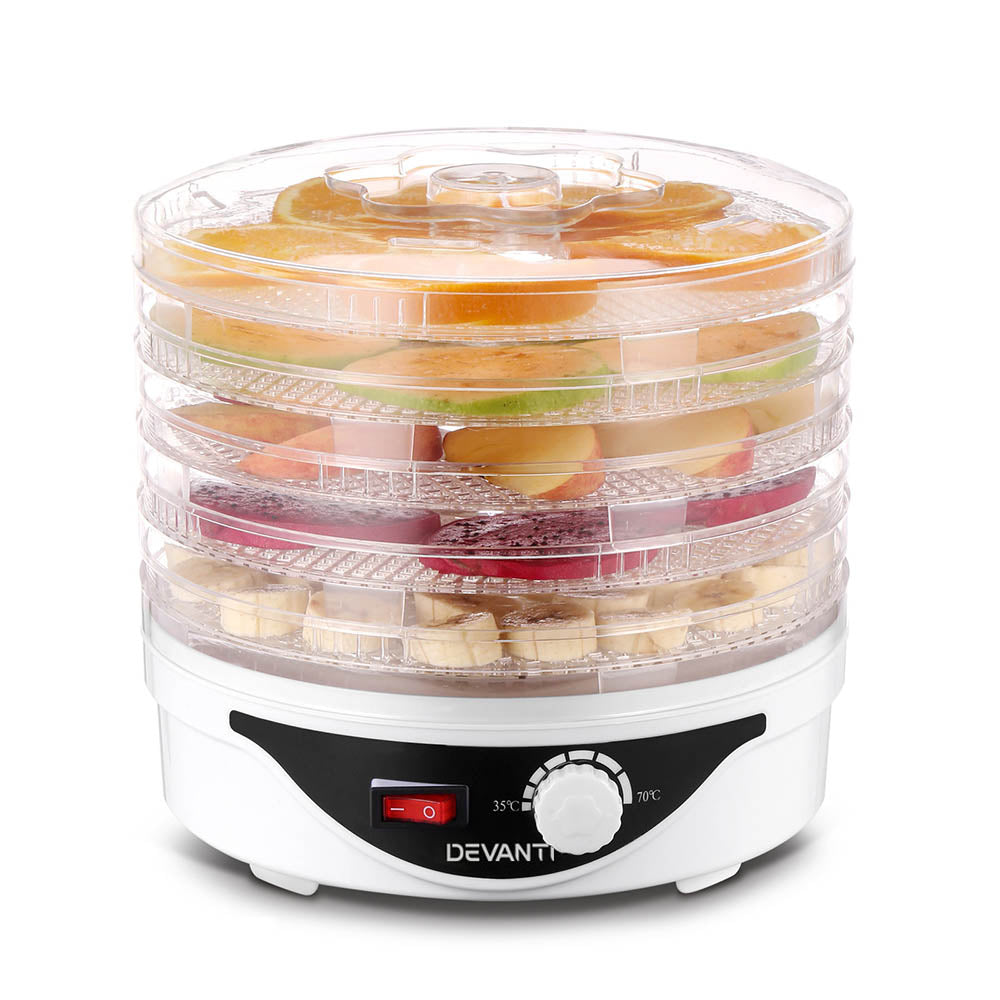 Devanti 5 Trays Food Dehydrator Fruit Dehydrators Pet Beef Jerky Dryer White - Devanti