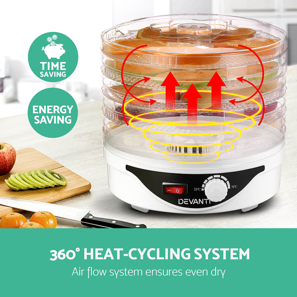 Devanti 5 Trays Food Dehydrator Fruit Dehydrators Pet Beef Jerky Dryer White - Devanti