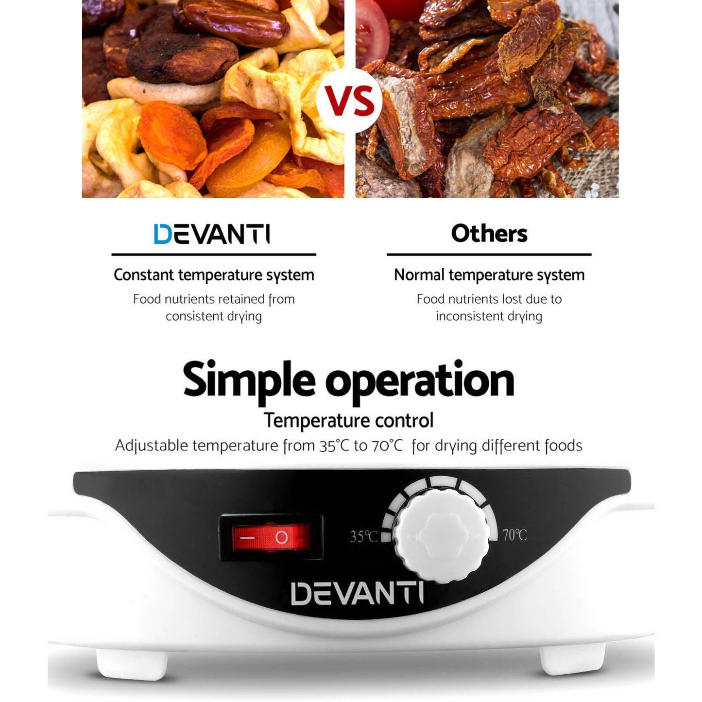 Devanti 5 Trays Food Dehydrator Fruit Dehydrators Pet Beef Jerky Dryer White - Devanti