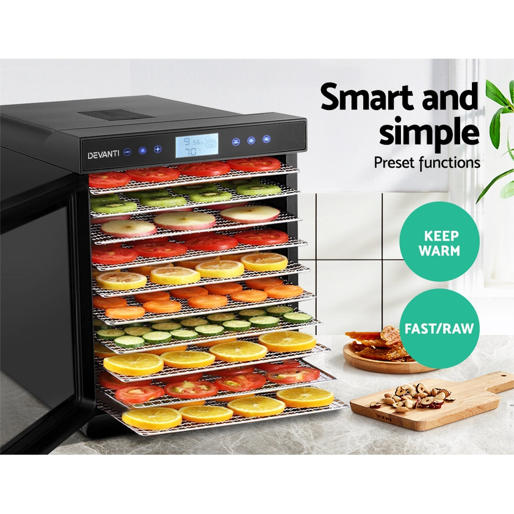 Devanti Food Dehydrators Stainless Steel Jerky Dehydrator Fruit Dryer 10 Trays Black
