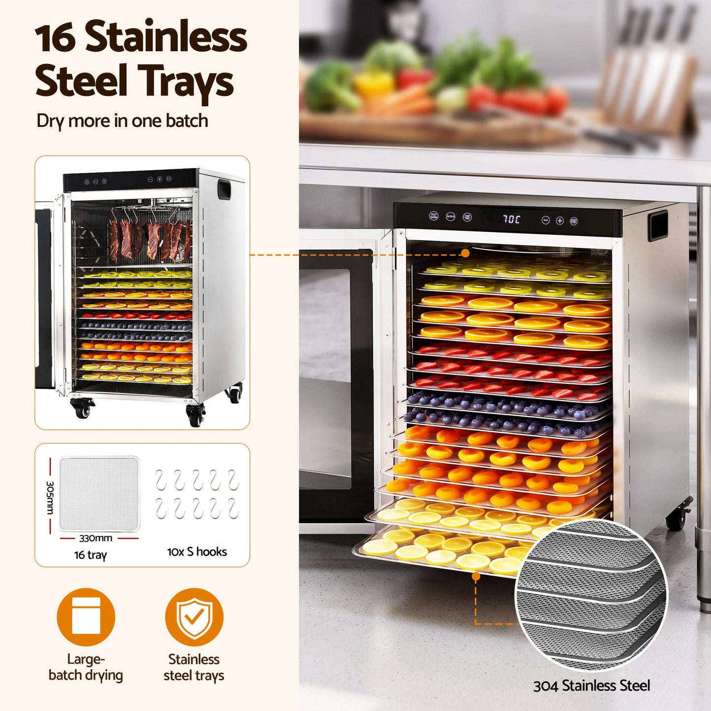 Devanti Food Dehydrator Stainless Steel Fruit Dryer 16 Tray Silver