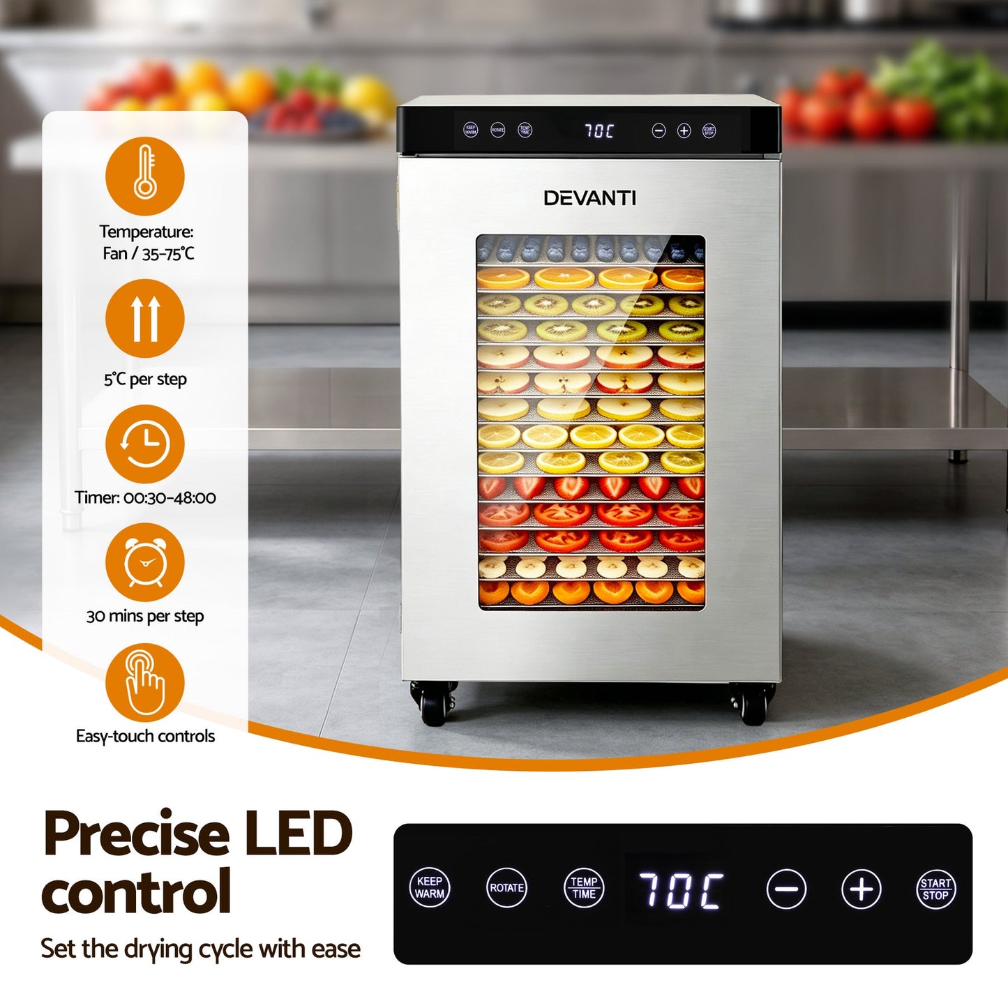 Devanti Food Dehydrator Stainless Steel Fruit Dryer 16 Tray Silver