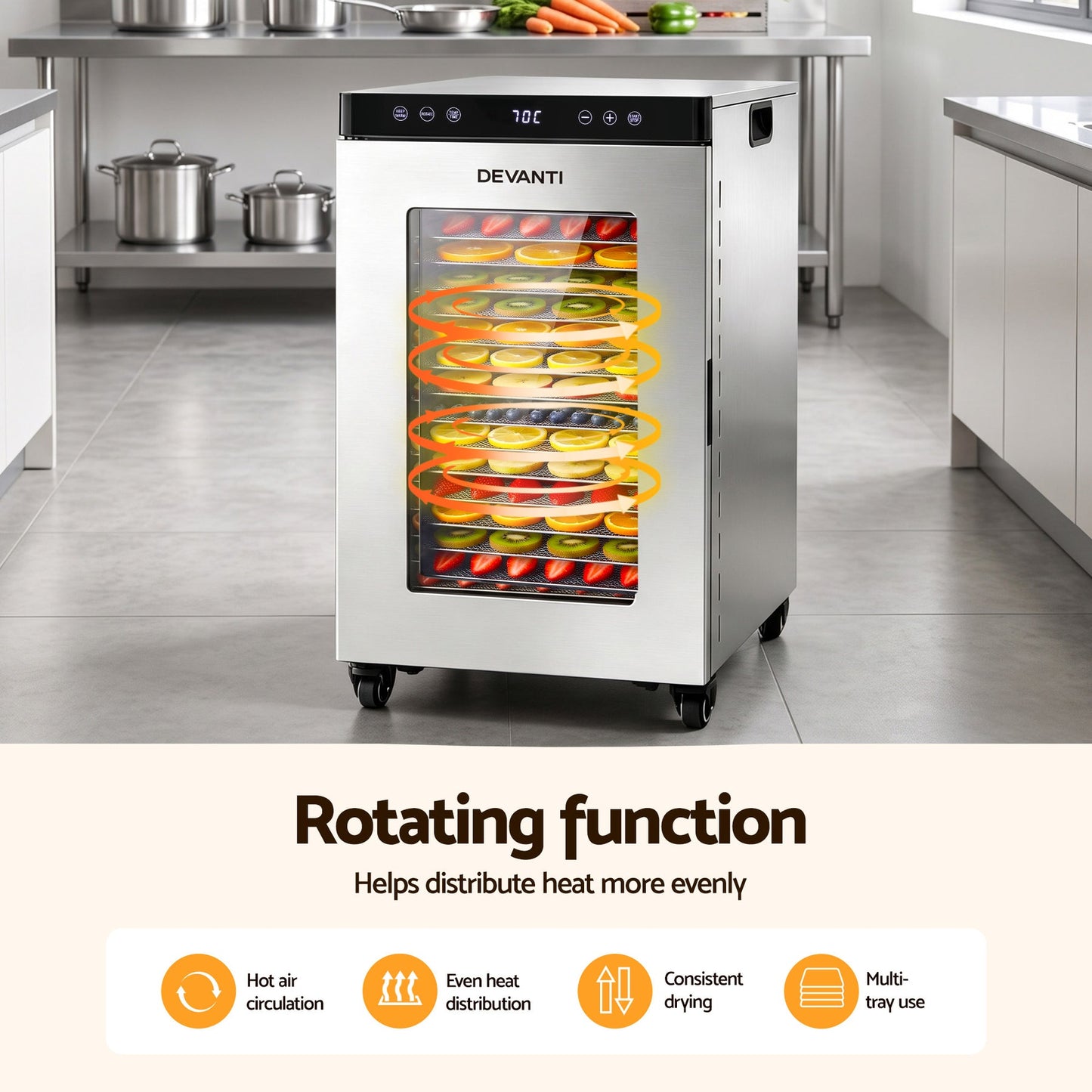 Devanti Food Dehydrator Stainless Steel Fruit Dryer 16 Tray Silver