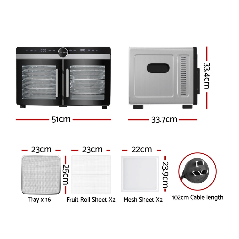 Devanti 16 Trays Food Dehydrator Dual-Zone Stainless Steel - Devanti
