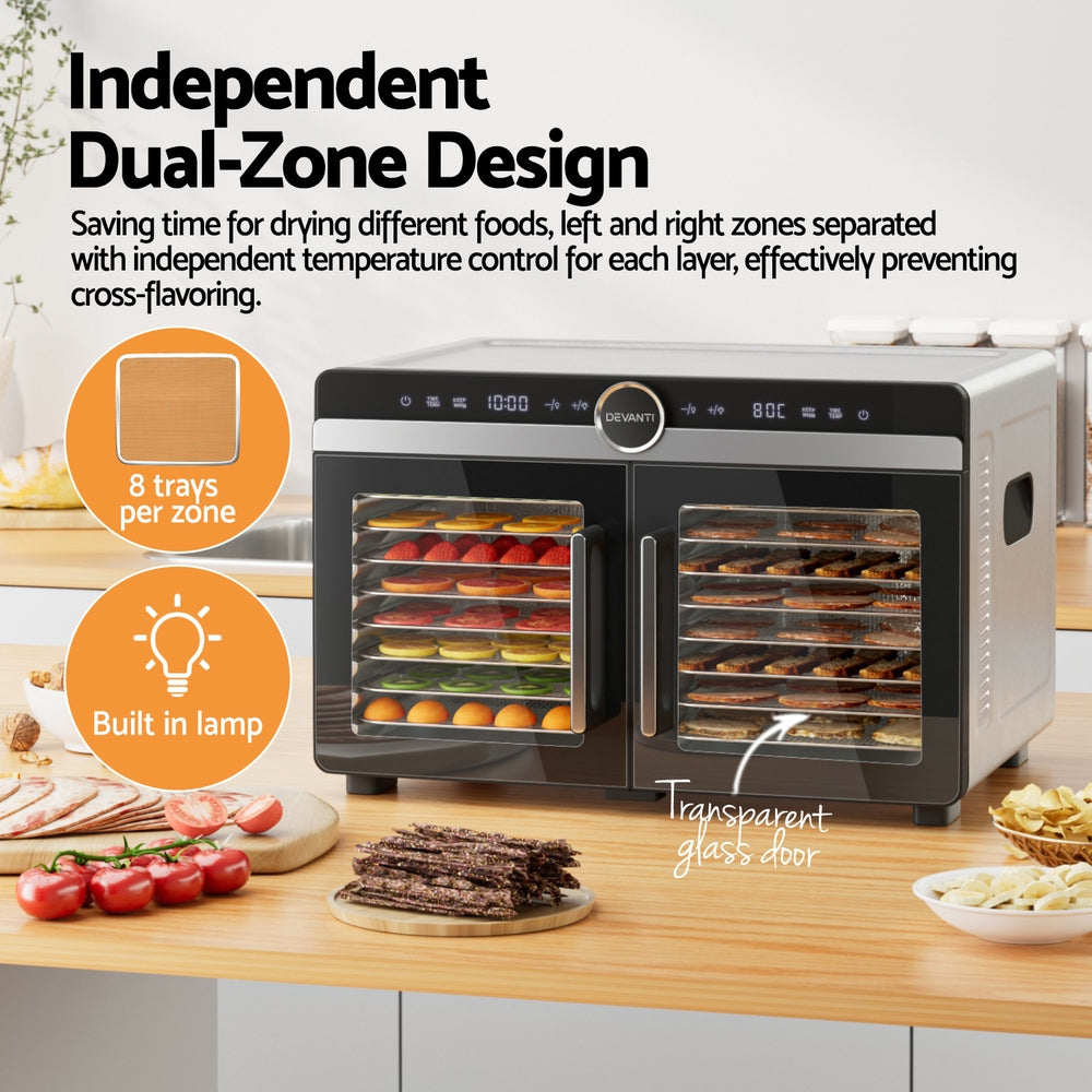 Devanti 16 Trays Food Dehydrator Dual-Zone Stainless Steel - Devanti