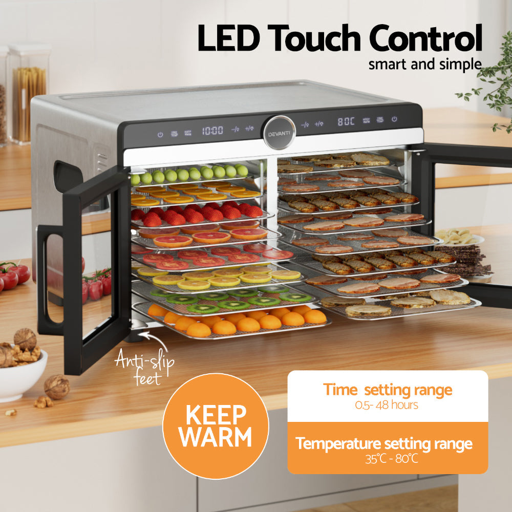 Devanti 16 Trays Food Dehydrator Dual-Zone Stainless Steel - Devanti