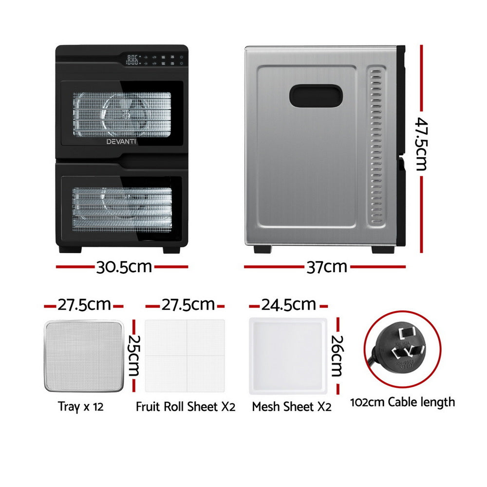 Devanti 12 Trays Food Dehydrator Dual-Zone Stainless Steel Fruit Jerky Dryer - Devanti