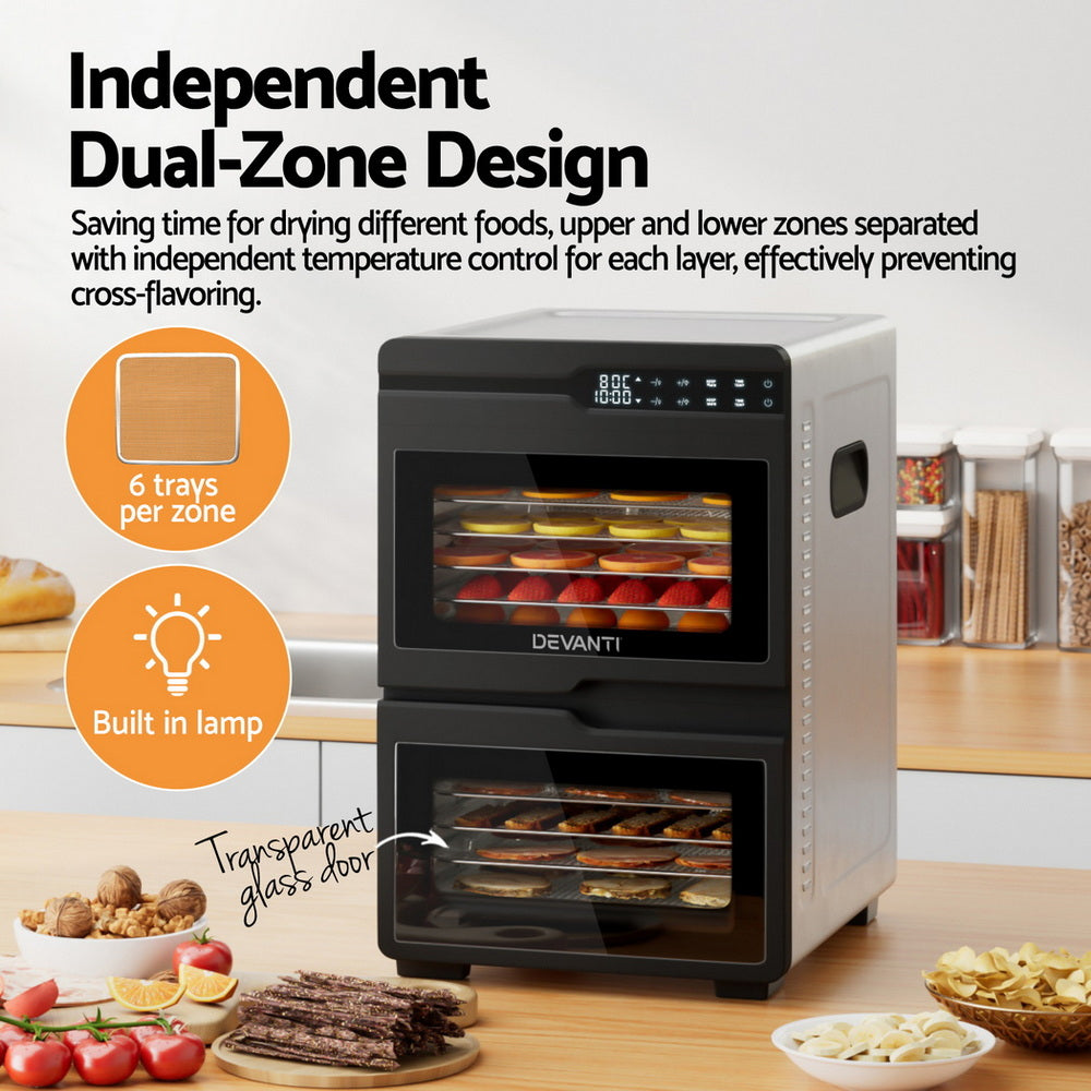 Devanti 12 Trays Food Dehydrator Dual-Zone Stainless Steel Fruit Jerky Dryer - Devanti