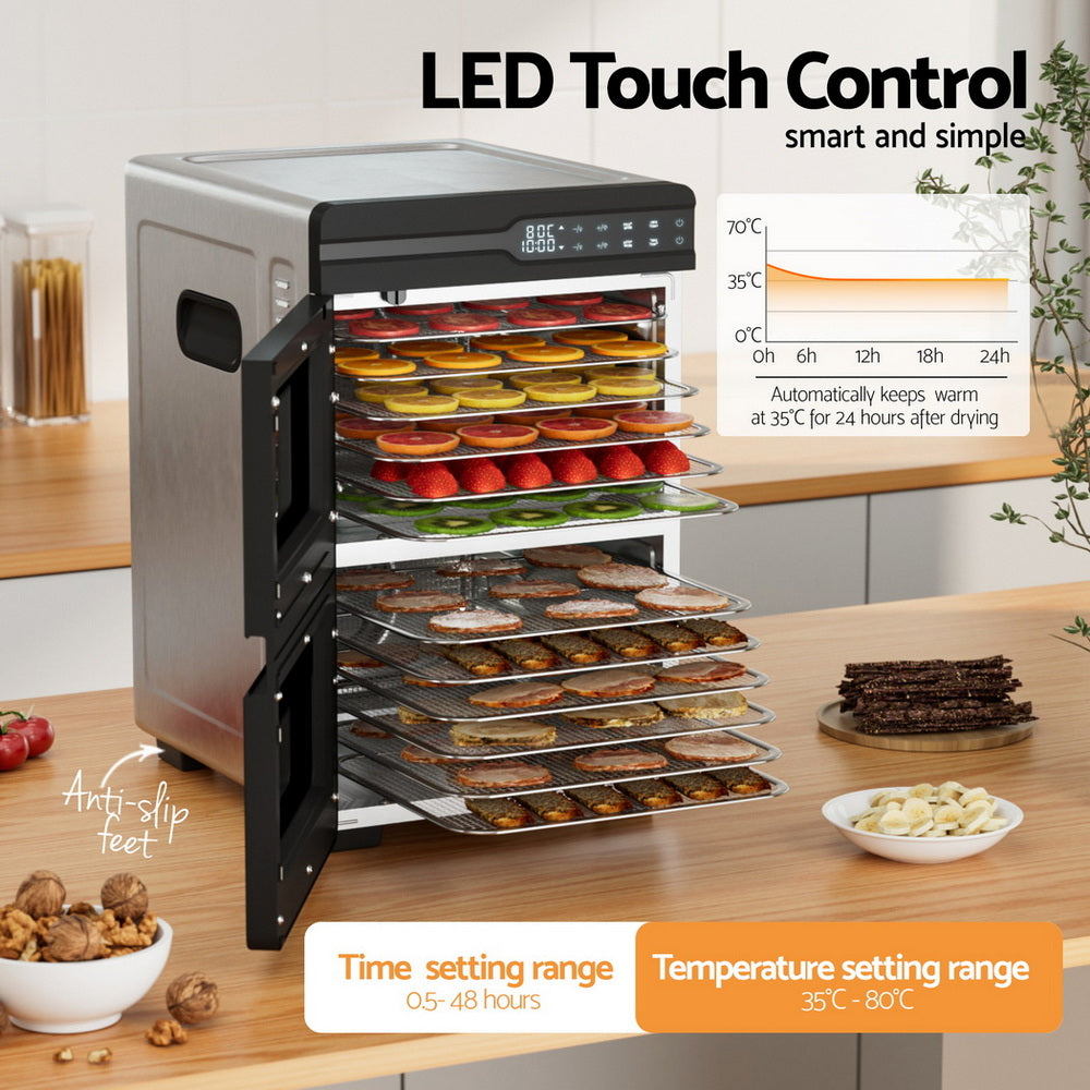 Devanti 12 Trays Food Dehydrator Dual-Zone Stainless Steel Fruit Jerky Dryer - Devanti