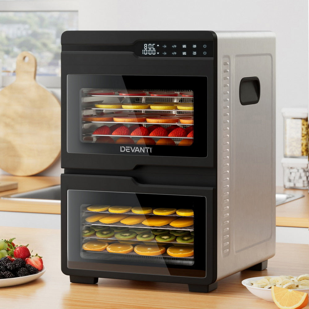 Devanti 12 Trays Food Dehydrator Dual-Zone Stainless Steel Fruit Jerky Dryer - Devanti