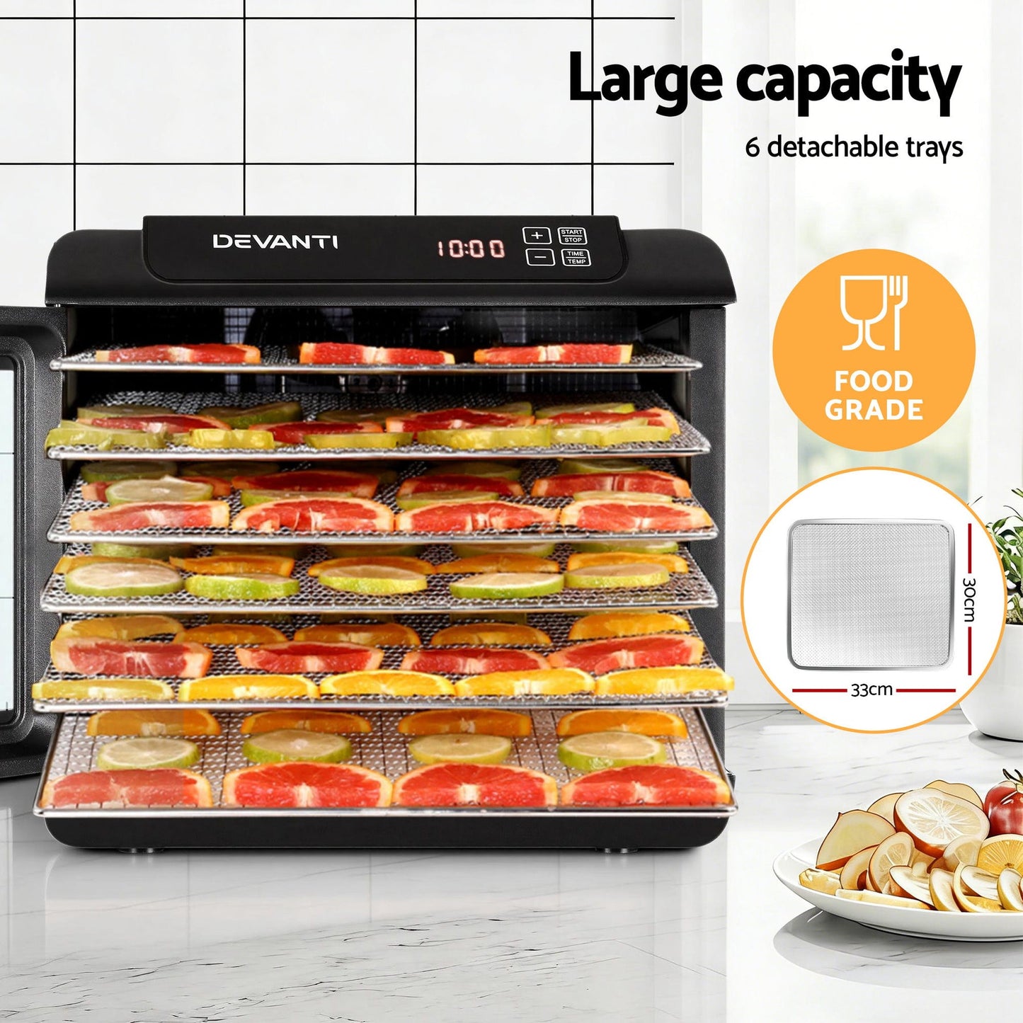 Devanti Food Dehydrator 6 Tray Stainless Steel Fruit Dryer Jerky Maker With Hanging Rack