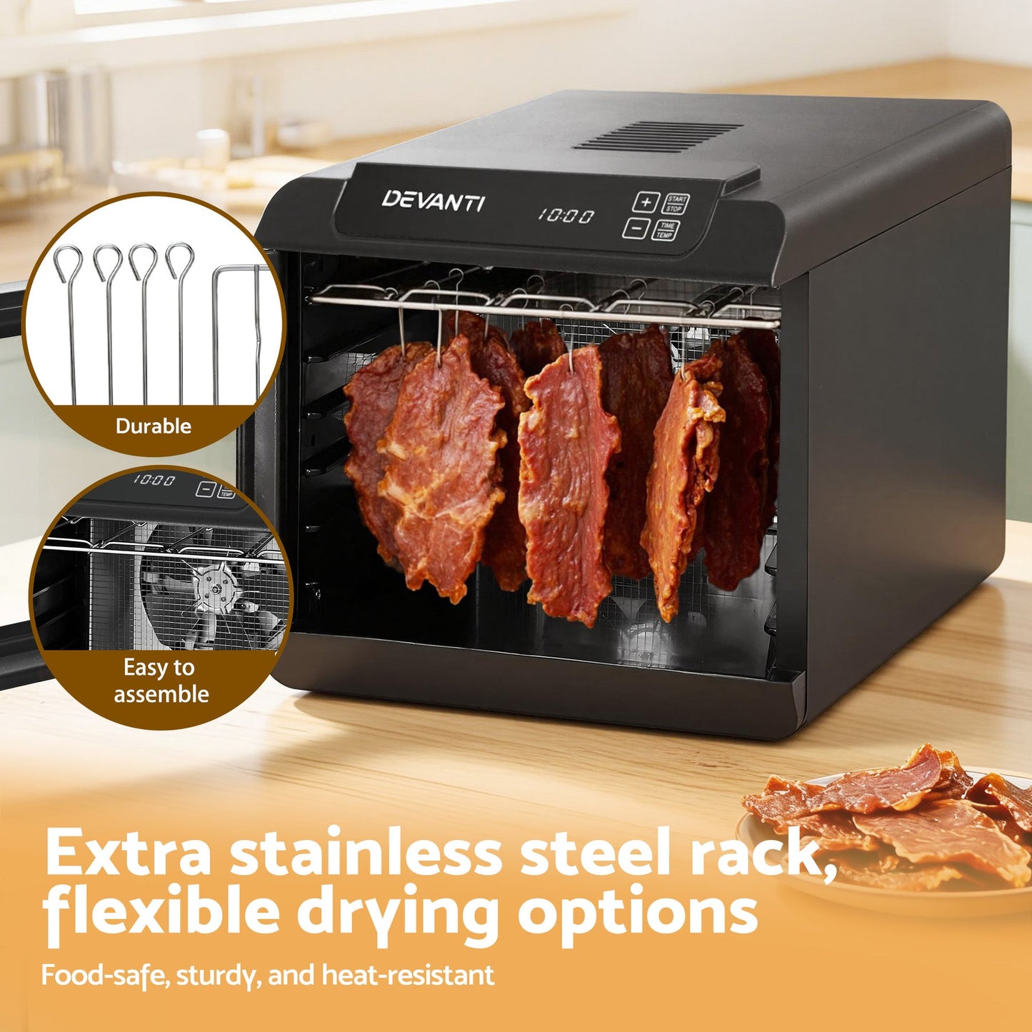 Devanti Food Dehydrator 6 Tray Stainless Steel Fruit Dryer Jerky Maker With Hanging Rack