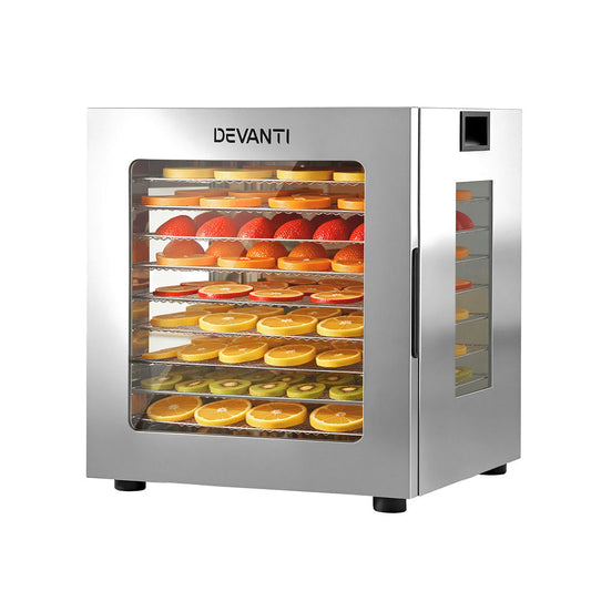 Devanti 10 Trays Food Dehydrator Stainless Steel Visible Glass Door 850W - Devanti