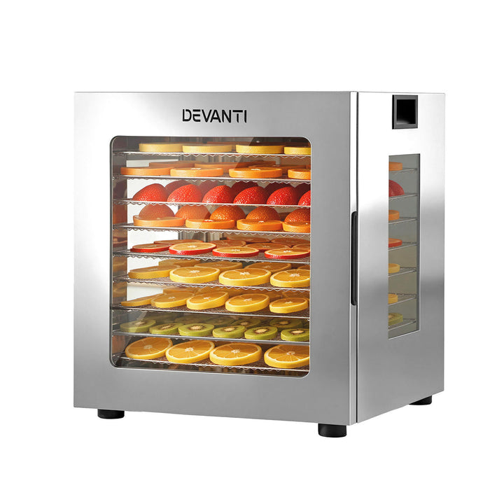 Devanti 10 Trays Food Dehydrator Stainless Steel Visible Glass Door 850W - Devanti