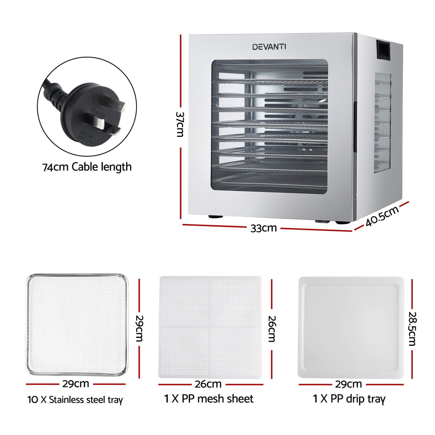 Devanti 10 Trays Food Dehydrator Stainless Steel Visible Glass Door 850W - Devanti
