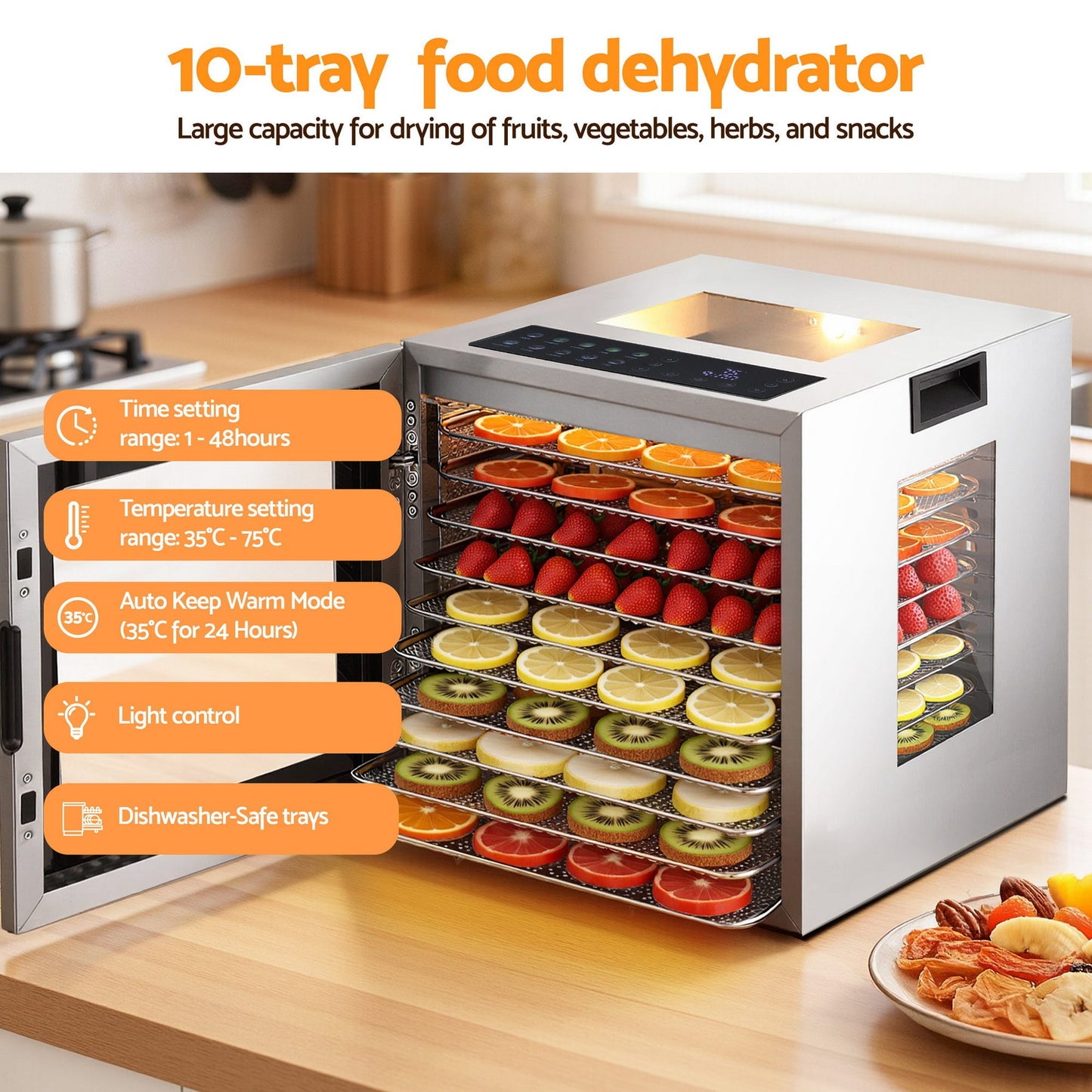 Devanti 10 Trays Food Dehydrator Stainless Steel Visible Glass Door 850W - Devanti