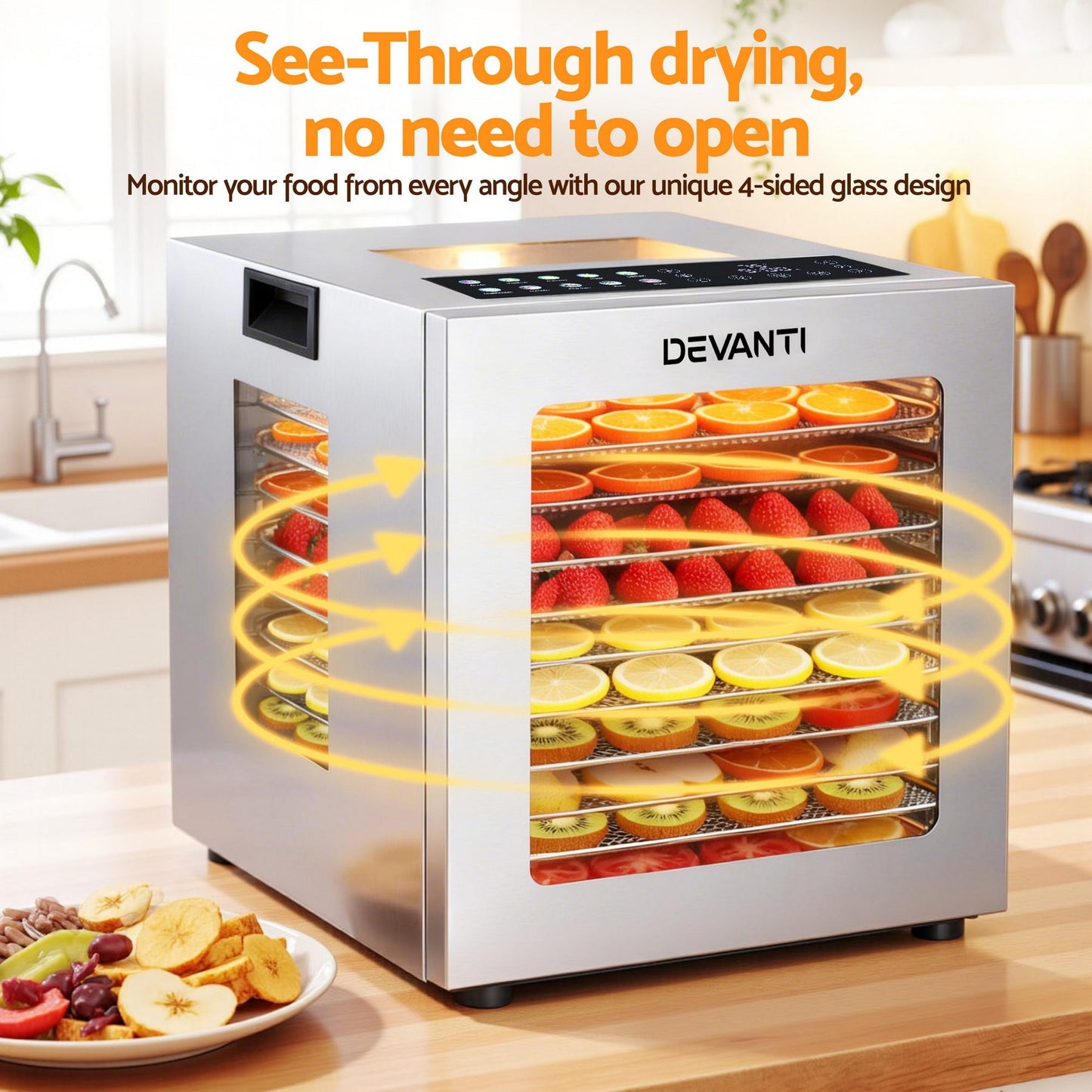 Devanti 10 Trays Food Dehydrator Stainless Steel Visible Glass Door 850W - Devanti