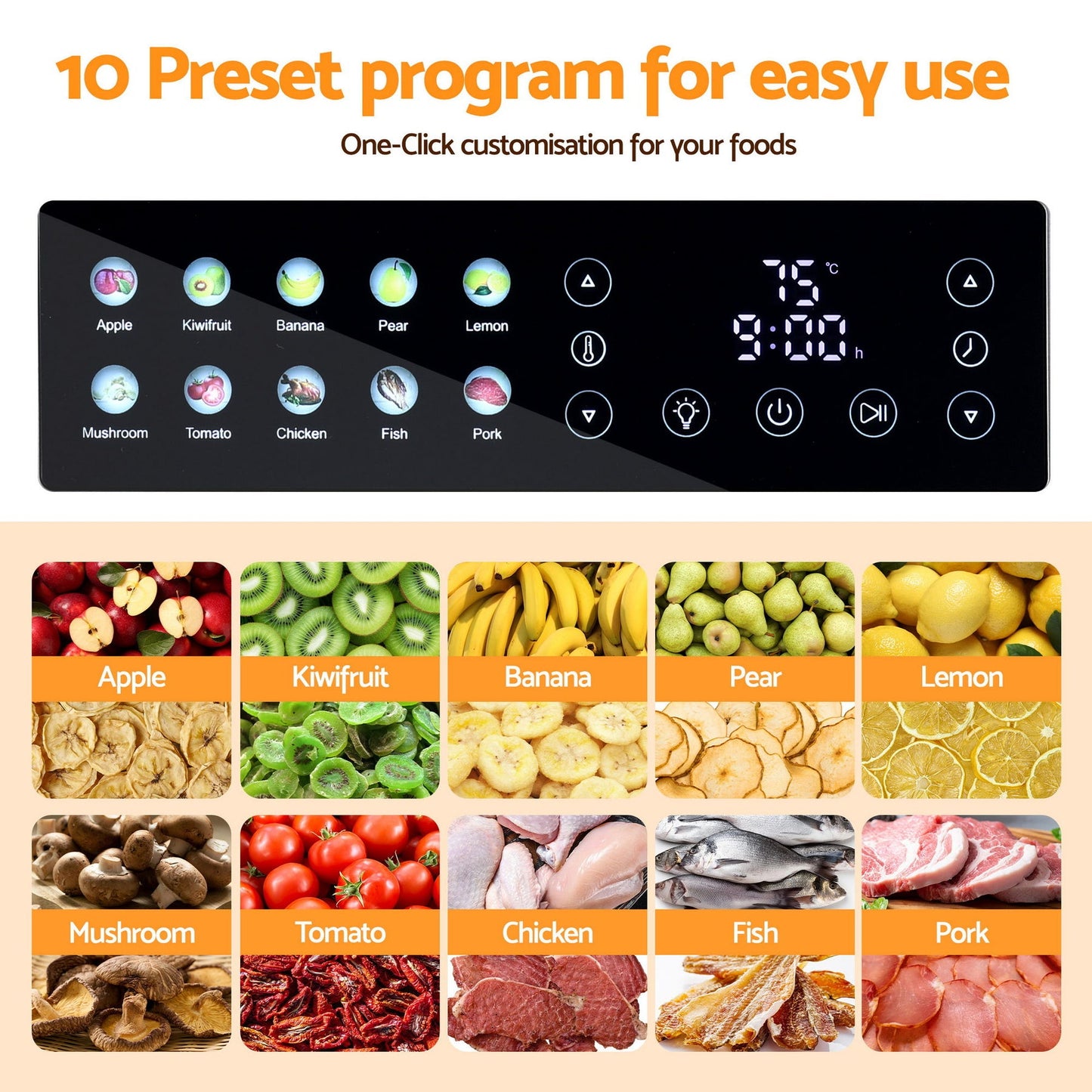 Devanti 10 Trays Food Dehydrator Stainless Steel Visible Glass Door 850W - Devanti