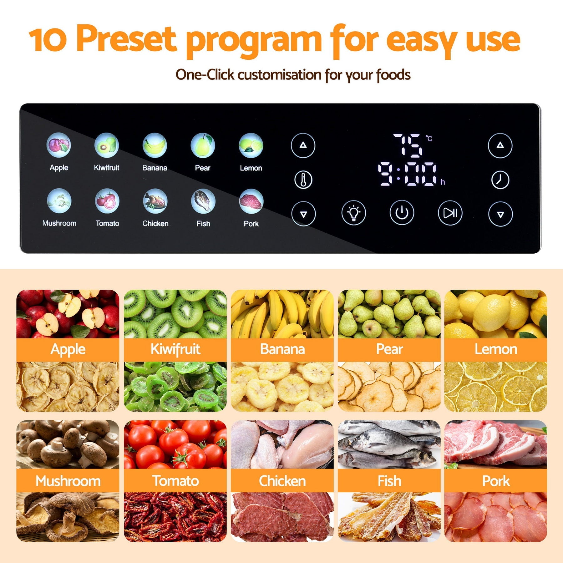 Devanti 10 Trays Food Dehydrator Stainless Steel Visible Glass Door 850W - Devanti