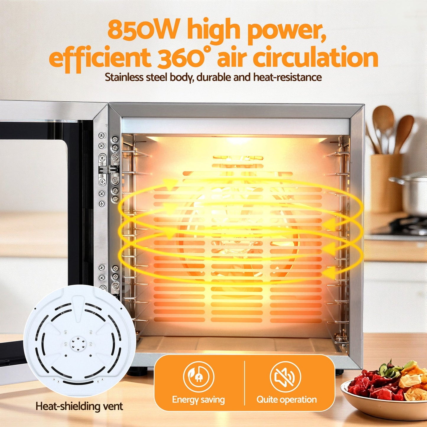 Devanti 10 Trays Food Dehydrator Stainless Steel Visible Glass Door 850W - Devanti
